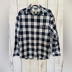 Eddie Bauer Women’s Navy Blue White Plaid Cotton Long Sleeve Button Up Shirt M